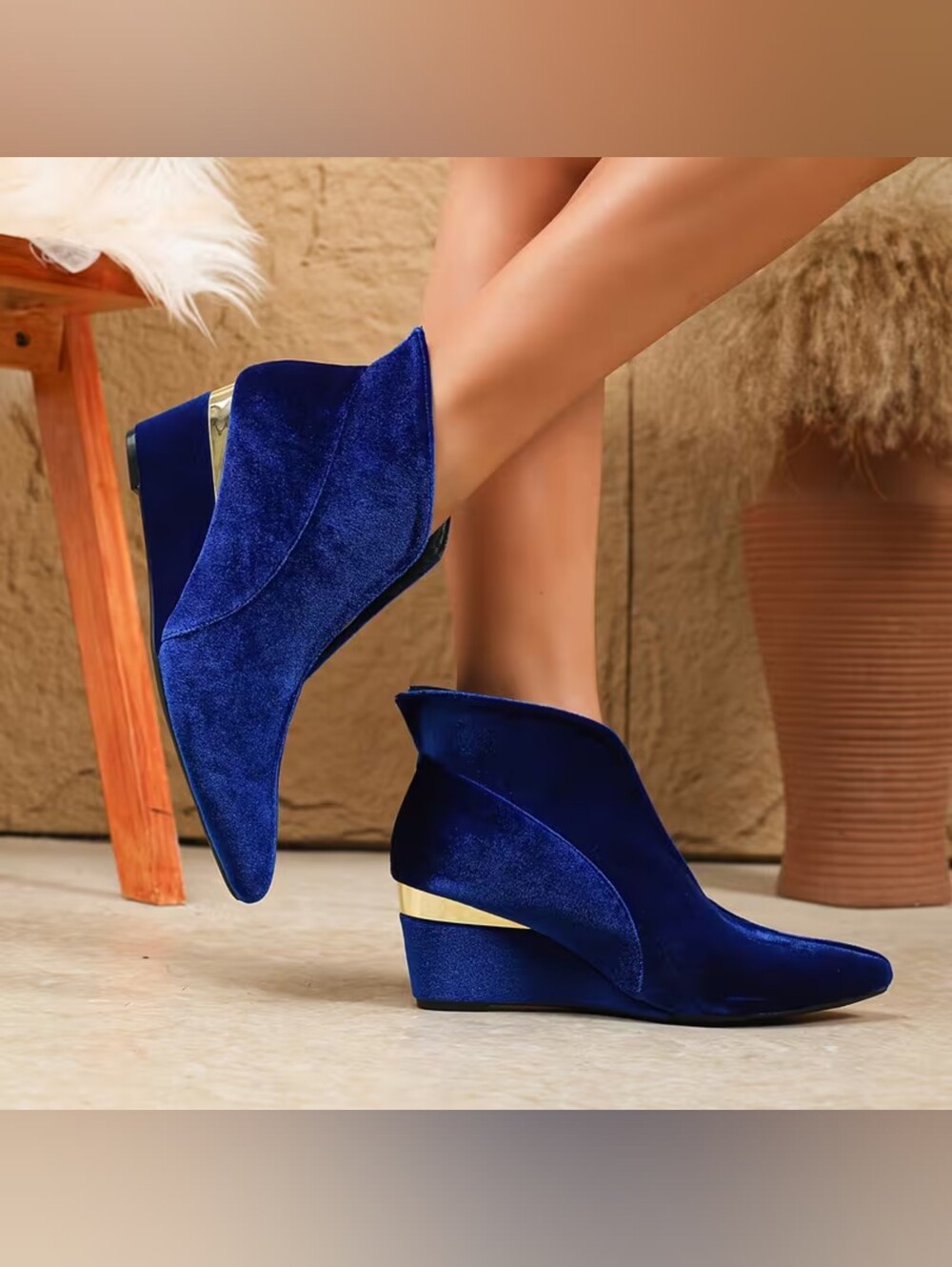 Chic Cobalt Blue & Gold Suede Wedge Booties